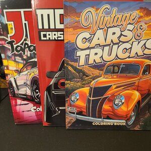 3 COLORING BOOKS SET-VINTAGE CAR&TRUCKS, JAPANESE CARS, MODIFIED CARS-BRAND NEW